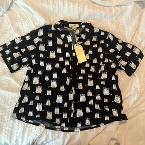 NWT Love Notes black short sleeve blouse with cats